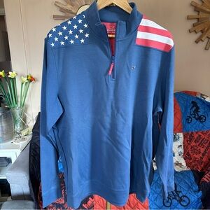 Vineyard Vines Blue Shep Shirt Quarter-Zip with American Flag Detail